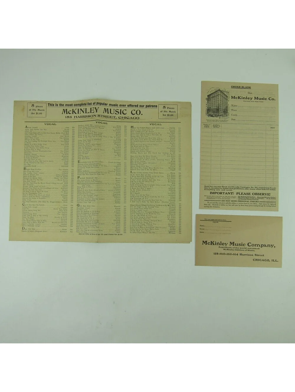 McKinley Music Co Advertising Sheet Music Catalog Order Form & Envelope 1910s